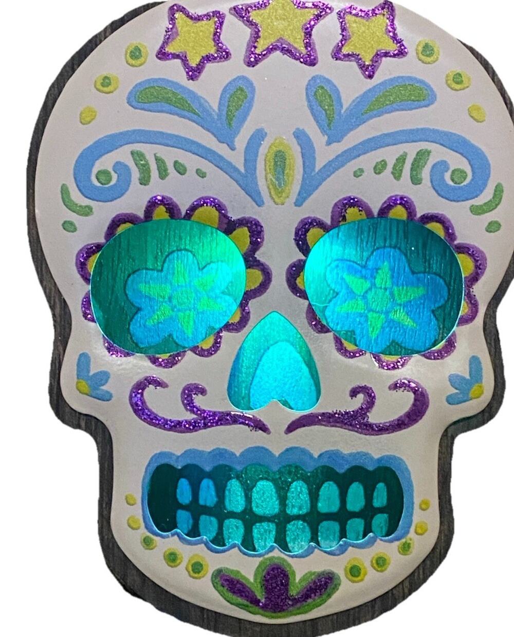 Sugar Skull Day of Dead Halloween Ornament Light Up 5”Glitter Wood Figure Decor